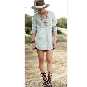 Free People Women’s Indigo Lace Up Denim Tunic Top Long Sleeve S Bohemian
